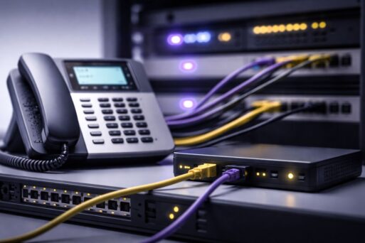 Perangkat PABX/VoIP dengan kabel ungu-kuning dan gateway jaringan, ilustrasi standar QoS VoIP itu untuk target MOS, jitter, dan delay rendah agar suara stabil.