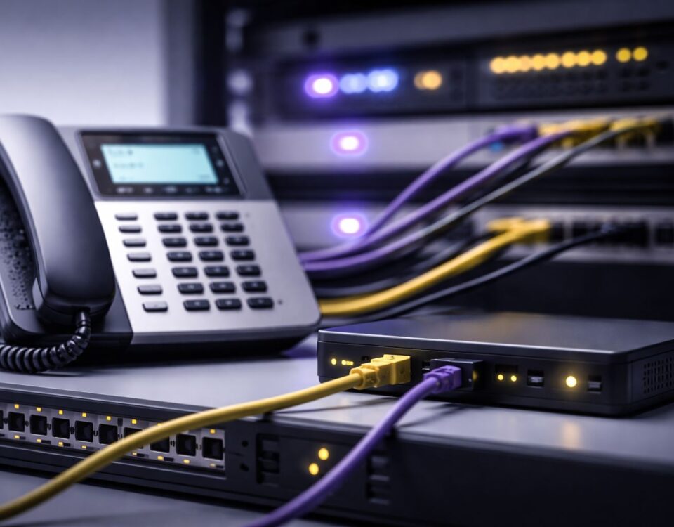 Perangkat PABX/VoIP dengan kabel ungu-kuning dan gateway jaringan, ilustrasi standar QoS VoIP itu untuk target MOS, jitter, dan delay rendah agar suara stabil.