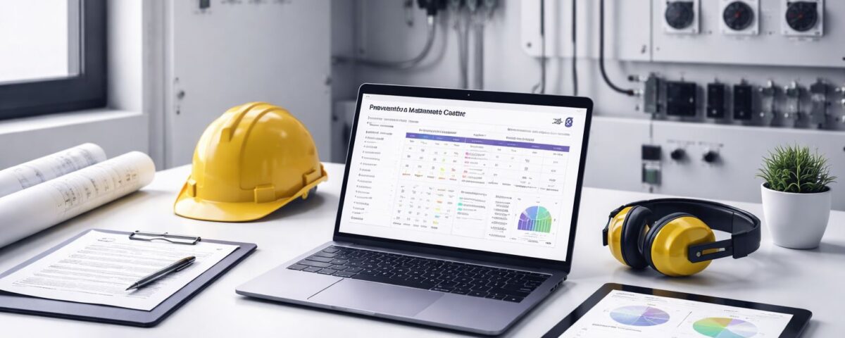 Template preventive maintenance MEP 52-week plan di ruang kontrol MEP minimalis—laptop menampilkan jadwal mingguan, checklist inspeksi, dan grafik efisiensi energi tanpa objek manusia.