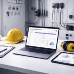 Template preventive maintenance MEP 52-week plan di ruang kontrol MEP minimalis—laptop menampilkan jadwal mingguan, checklist inspeksi, dan grafik efisiensi energi tanpa objek manusia.