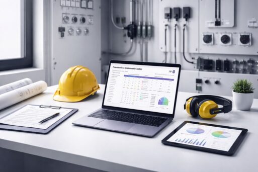 Template preventive maintenance MEP 52-week plan di ruang kontrol MEP minimalis—laptop menampilkan jadwal mingguan, checklist inspeksi, dan grafik efisiensi energi tanpa objek manusia.
