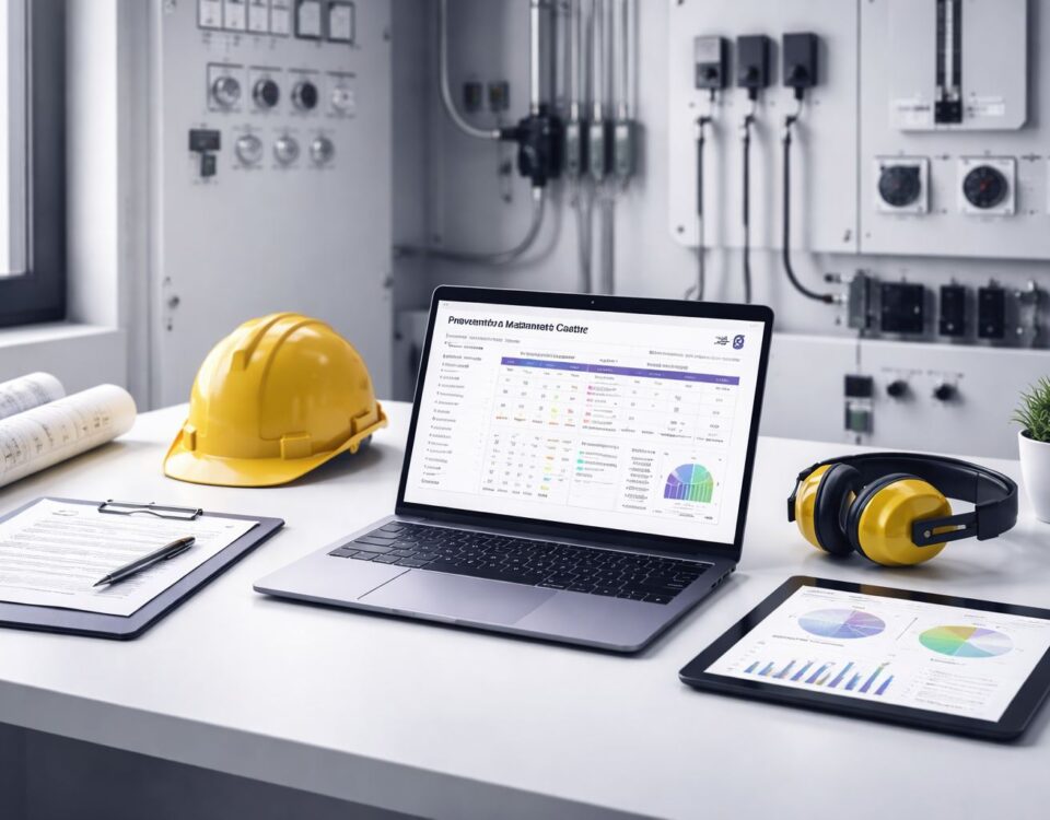 Template preventive maintenance MEP 52-week plan di ruang kontrol MEP minimalis—laptop menampilkan jadwal mingguan, checklist inspeksi, dan grafik efisiensi energi tanpa objek manusia.