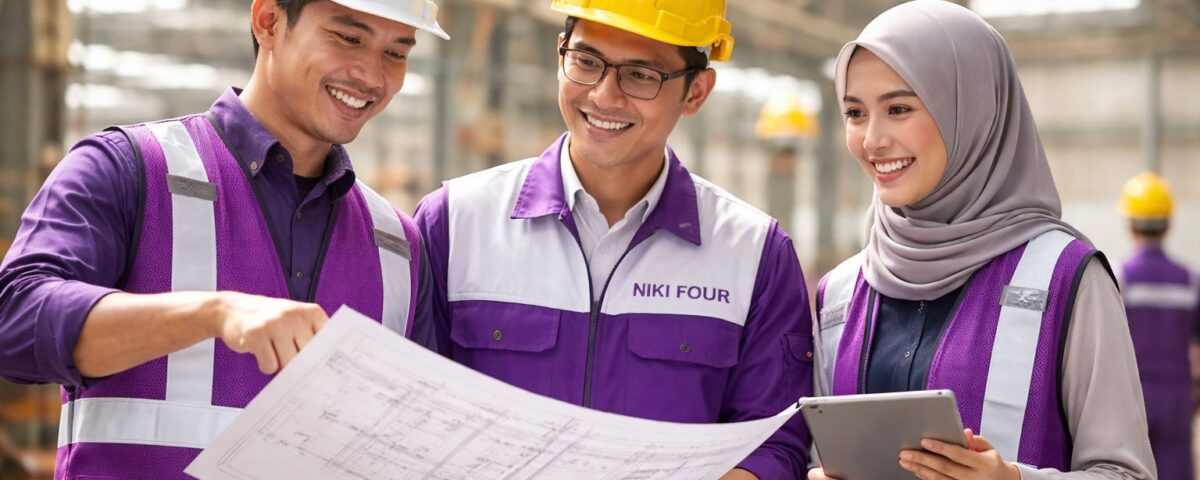 Ilustrasi tim kontraktor membahas biaya renovasi gedung pabrik di Karawang dengan blueprint proyek