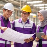 Ilustrasi tim kontraktor membahas biaya renovasi gedung pabrik di Karawang dengan blueprint proyek