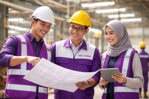 Ilustrasi tim kontraktor membahas biaya renovasi gedung pabrik di Karawang dengan blueprint proyek