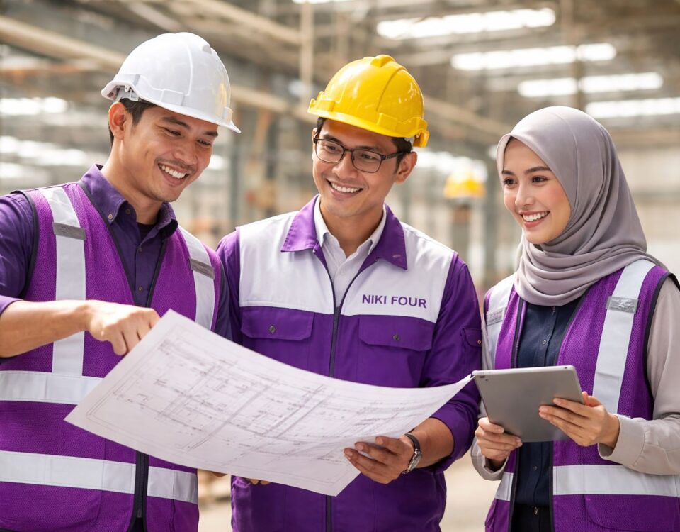 Ilustrasi tim kontraktor membahas biaya renovasi gedung pabrik di Karawang dengan blueprint proyek