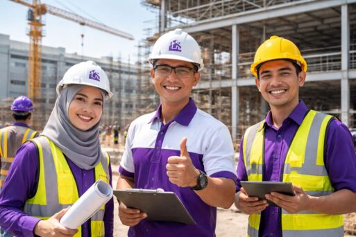 Tim kontraktor profesional memantau tahapan konstruksi sipil proyek di lapangan dengan standar teknis dan quality control
