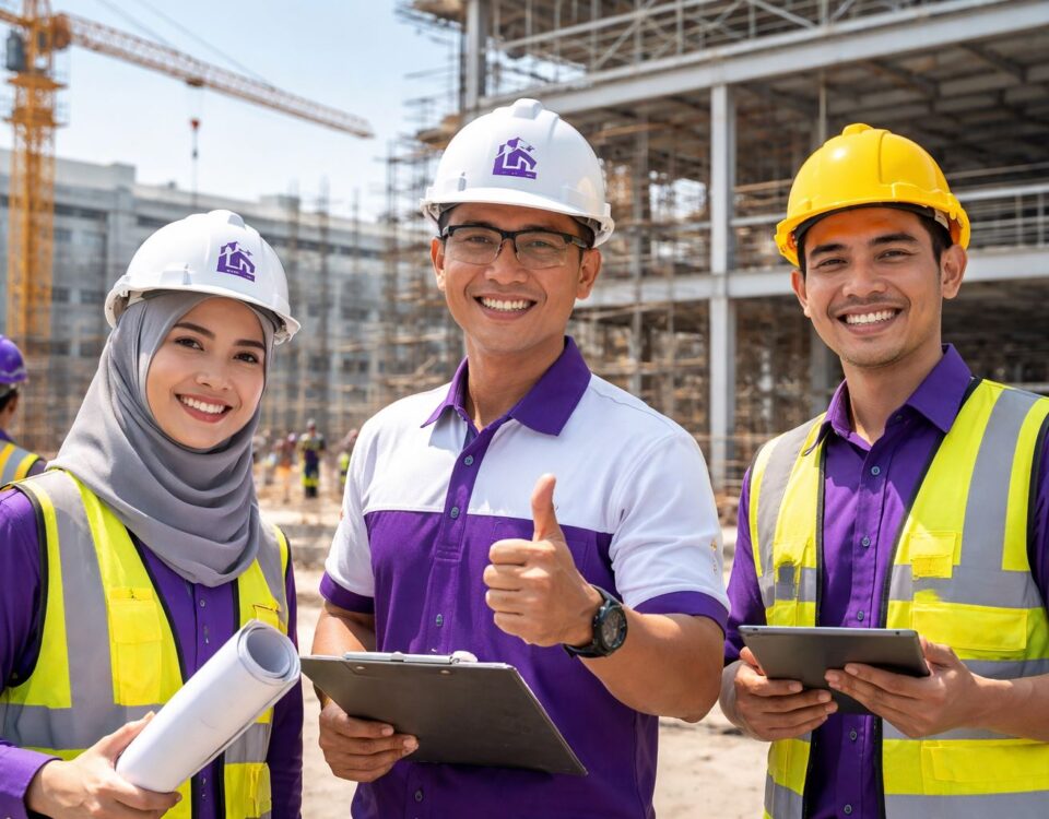 Tim kontraktor profesional memantau tahapan konstruksi sipil proyek di lapangan dengan standar teknis dan quality control