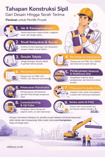 Infografis tahapan konstruksi sipil proyek dari desain, survei, perizinan, hingga serah terima untuk pemilik proyek