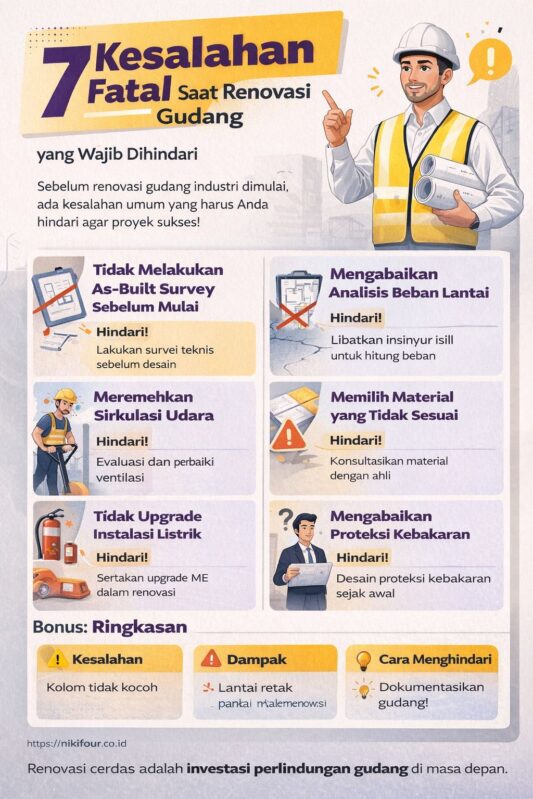 Infografis 7 kesalahan renovasi gudang industri yang sering terjadi dan cara menghindarinya agar proyek efisien, aman, dan tidak merugi
