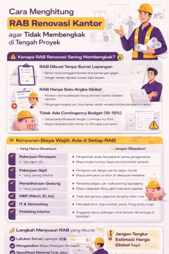Infografis cara menghitung RAB renovasi kantor agar tidak membengkak dengan panduan komponen biaya, kesalahan umum, dan langkah menyusun anggaran proyek secara akurat
