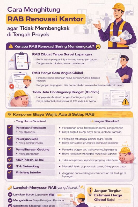 Infografis cara menghitung RAB renovasi kantor agar tidak membengkak dengan panduan komponen biaya, kesalahan umum, dan langkah menyusun anggaran proyek secara akurat