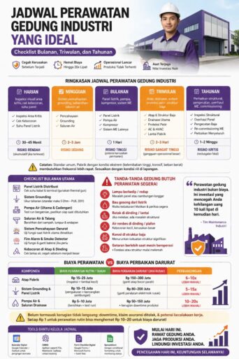 Infografis jadwal perawatan gedung industri lengkap dengan checklist bulanan, triwulan, dan tahunan untuk mencegah kerusakan dan downtime pabrik