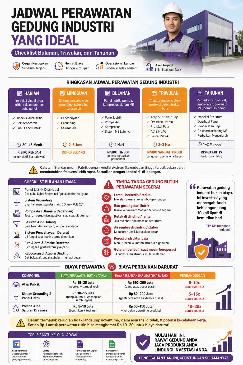Infografis jadwal perawatan gedung industri lengkap dengan checklist bulanan, triwulan, dan tahunan untuk mencegah kerusakan dan downtime pabrik