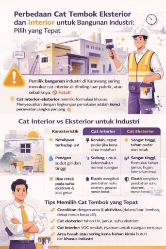 Infografis perbedaan cat tembok eksterior dan interior untuk bangunan industri meliputi ketahanan UV, kelembaban, dan penggunaan area