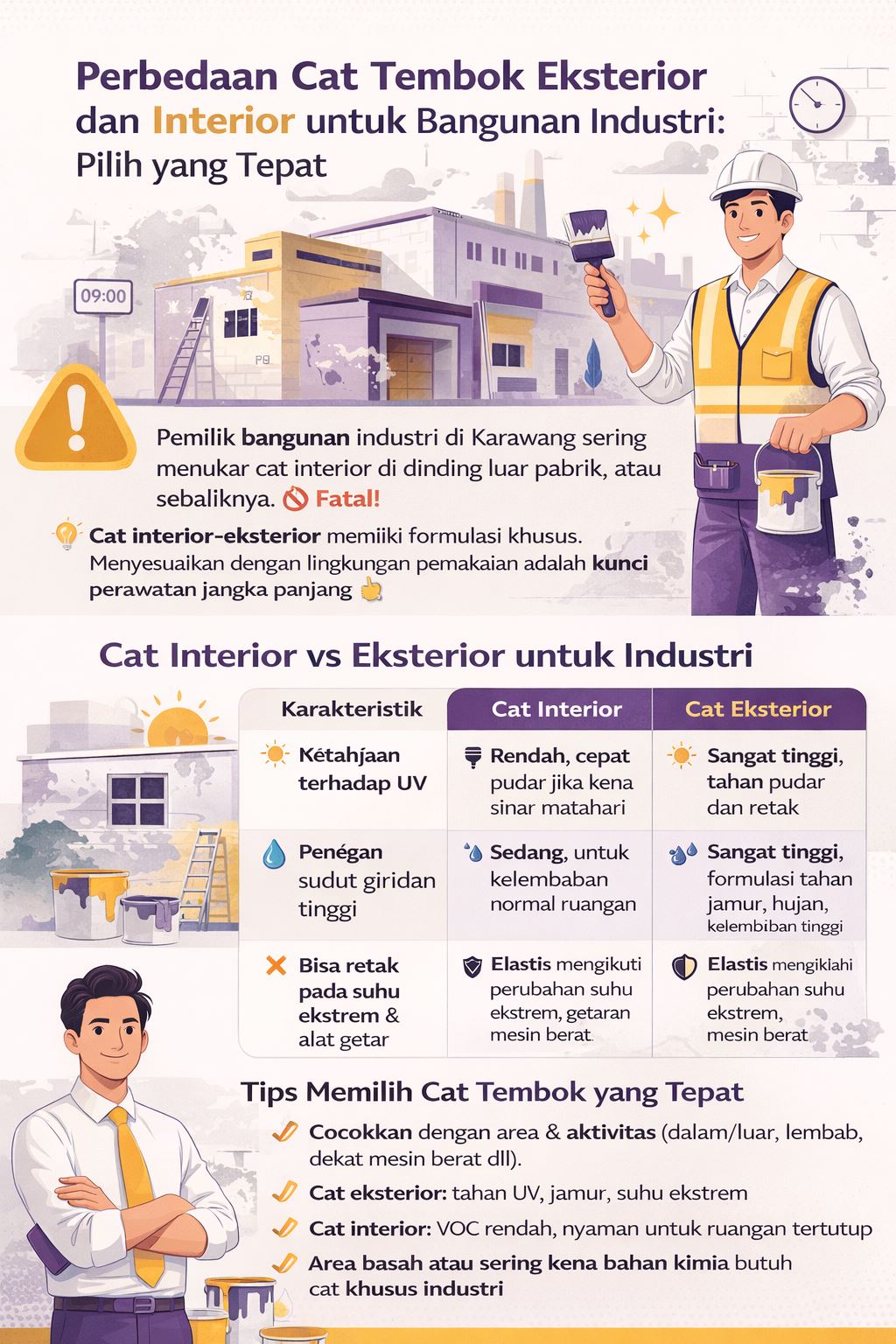 Infografis perbedaan cat tembok eksterior dan interior untuk bangunan industri meliputi ketahanan UV, kelembaban, dan penggunaan area