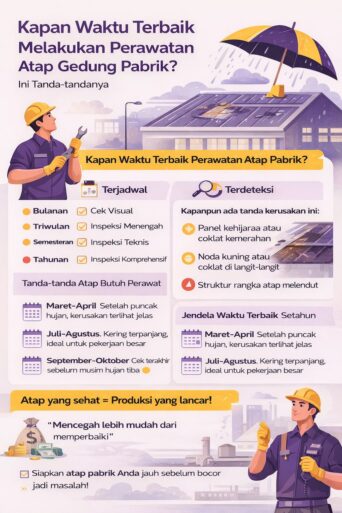Infografis perawatan atap gedung pabrik yang menjelaskan waktu terbaik inspeksi, tanda kerusakan awal, dan jadwal maintenance preventif untuk mencegah kebocoran dan gangguan produksi.