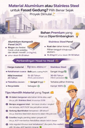 Infografis perbandingan material aluminium dan stainless steel untuk fasad gedung, menampilkan kelebihan, kekurangan, harga, serta panduan memilih material terbaik untuk bangunan industri dan komersial.