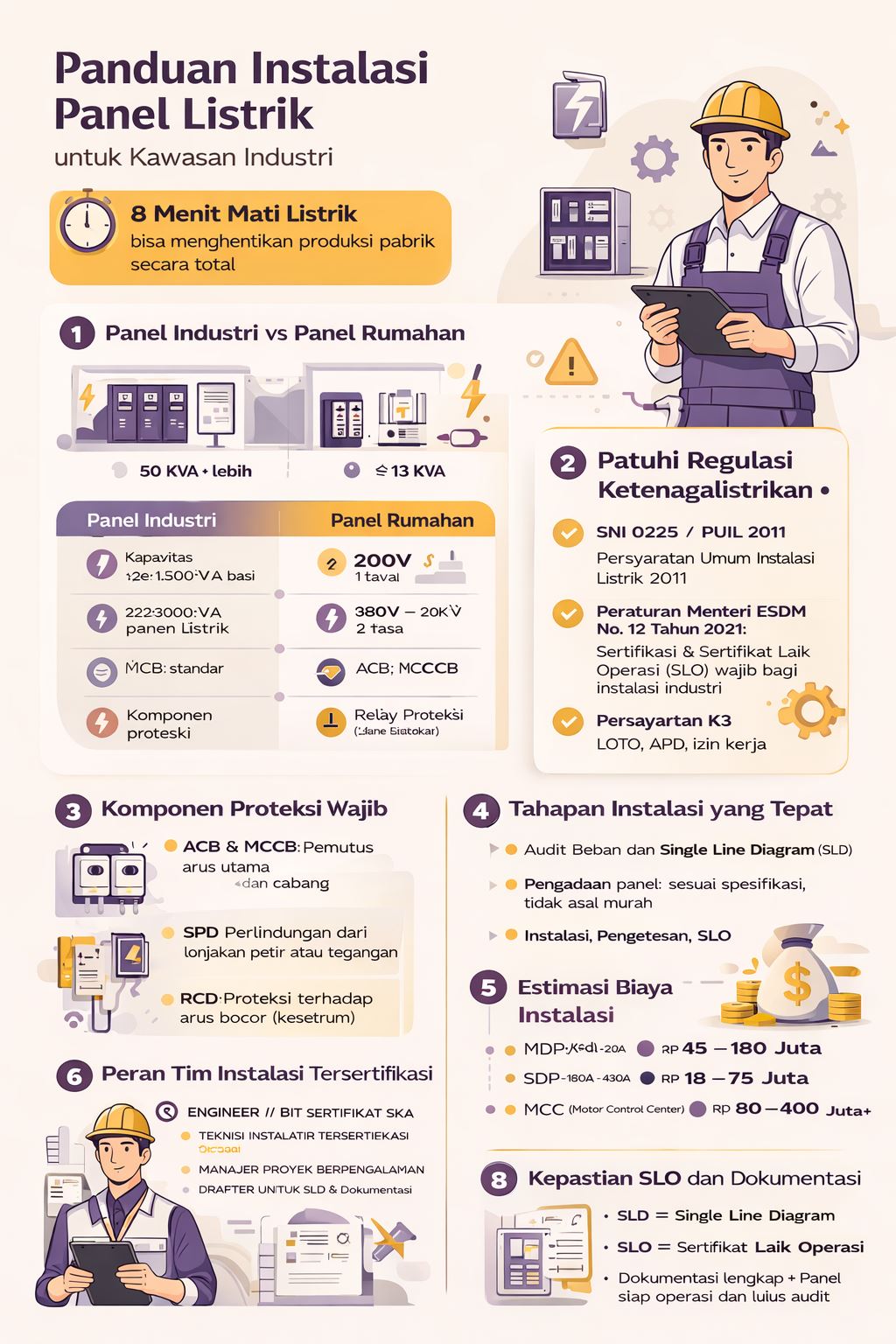 Infografis panduan instalasi panel listrik industri di kawasan pabrik mencakup standar, komponen proteksi, tahapan instalasi, dan estimasi biaya secara visual modern
