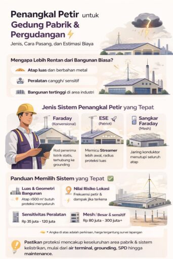 Infografis penangkal petir gedung pabrik yang menjelaskan jenis sistem Faraday, ESE, dan mesh, lengkap dengan cara pemasangan, komponen utama, serta estimasi biaya proteksi petir industri secara visual modern.