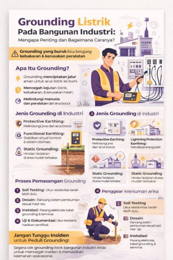 Infografis grounding listrik bangunan industri yang menjelaskan fungsi, jenis, risiko, dan cara pemasangan sistem pembumian untuk keamanan instalasi listrik pabrik
