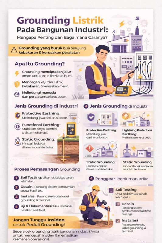 Infografis grounding listrik bangunan industri yang menjelaskan fungsi, jenis, risiko, dan cara pemasangan sistem pembumian untuk keamanan instalasi listrik pabrik