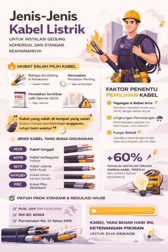 Infografis jenis kabel listrik gedung komersial lengkap dengan fungsi, standar keamanan, dan risiko instalasi yang salah