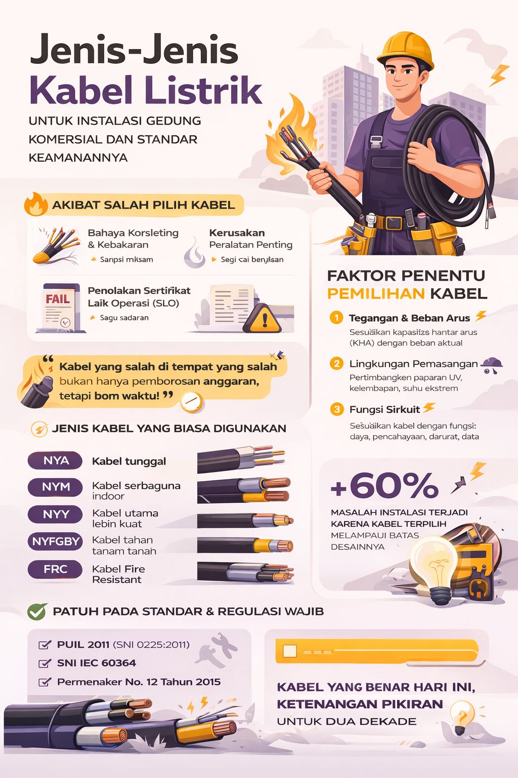 Infografis jenis kabel listrik gedung komersial lengkap dengan fungsi, standar keamanan, dan risiko instalasi yang salah