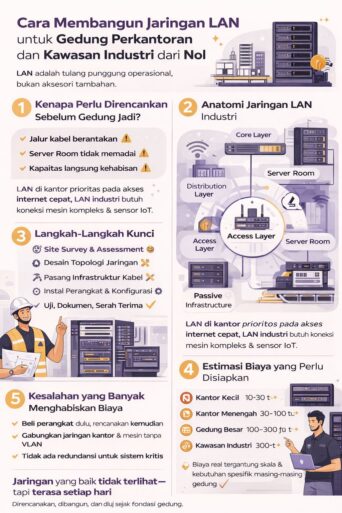 Infografis modern jaringan LAN gedung perkantoran menampilkan tahapan instalasi, topologi, dan infrastruktur IT industri secara lengkap