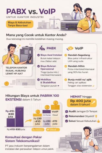 Infografis PABX vs VoIP kantor industri yang membandingkan biaya instalasi, operasional, dan efisiensi komunikasi untuk pabrik modern