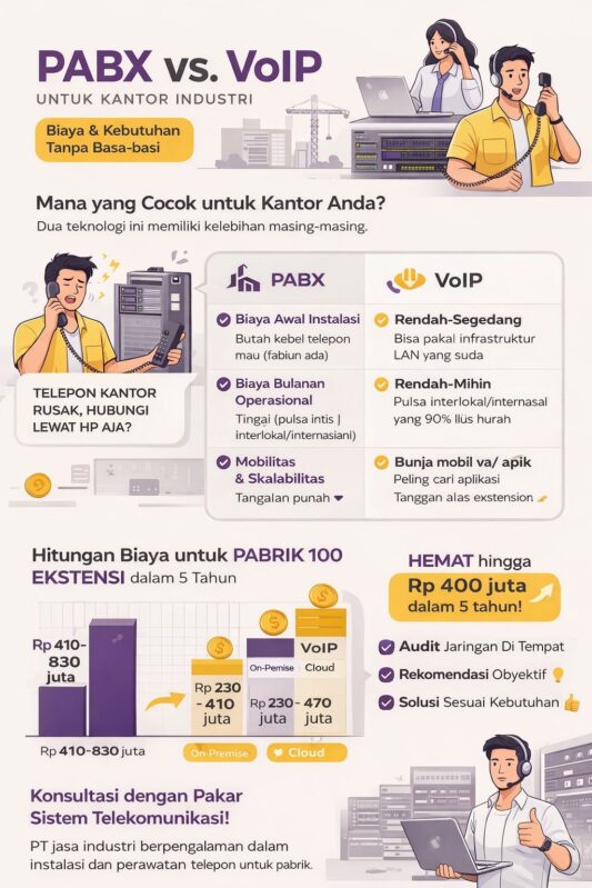 Infografis PABX vs VoIP kantor industri yang membandingkan biaya instalasi, operasional, dan efisiensi komunikasi untuk pabrik modern
