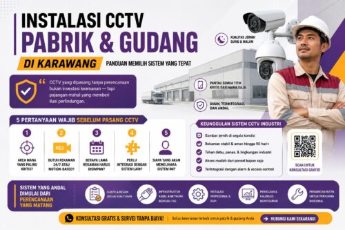 Infografis instalasi CCTV pabrik dan gudang di Karawang dengan desain modern menampilkan sistem keamanan industri, kamera CCTV, teknisi lapangan, dan panduan memilih CCTV terbaik untuk area industri.