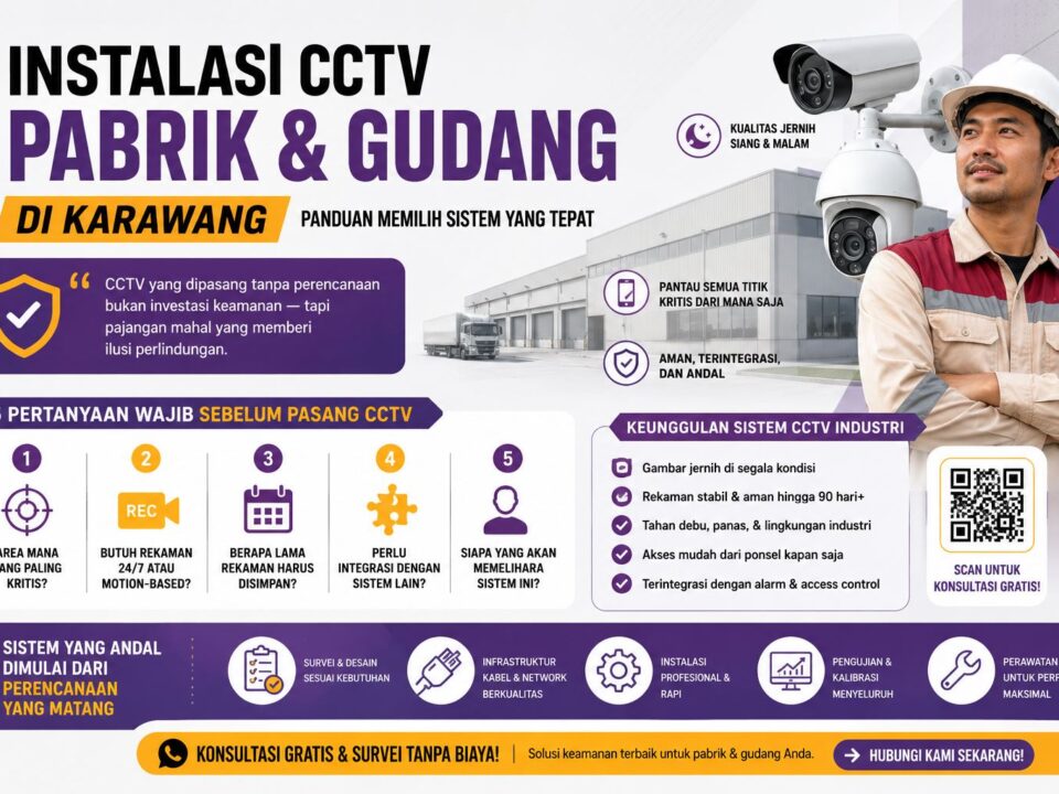 Infografis instalasi CCTV pabrik dan gudang di Karawang dengan desain modern menampilkan sistem keamanan industri, kamera CCTV, teknisi lapangan, dan panduan memilih CCTV terbaik untuk area industri.